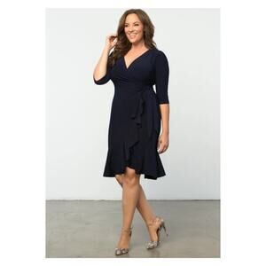 Kiyonna Navy Blue Whimsy Ruffled Wrap Midi Dress Sz.3X NWOT